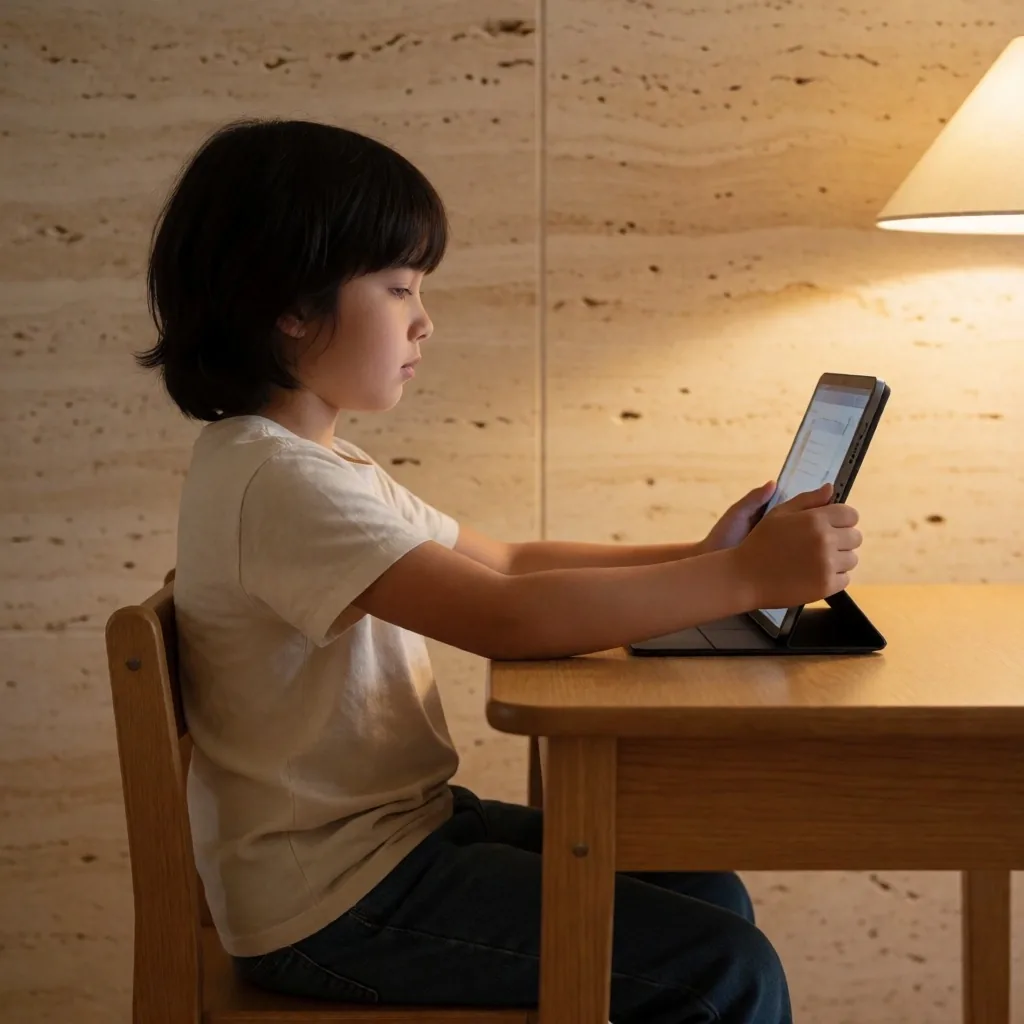 Niño usando tablet con distancia y postura correctas