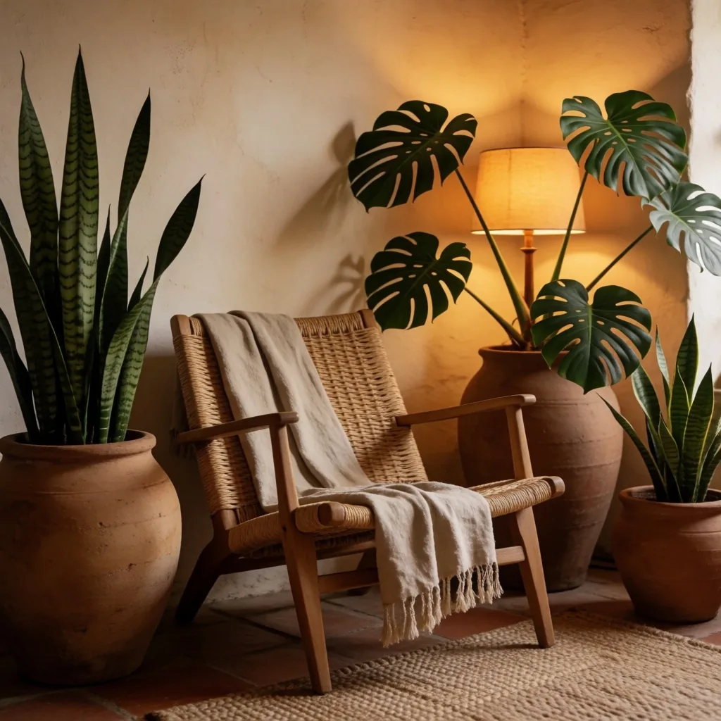 Rincón de descanso visual sin pantallas con luz cálida y plantas