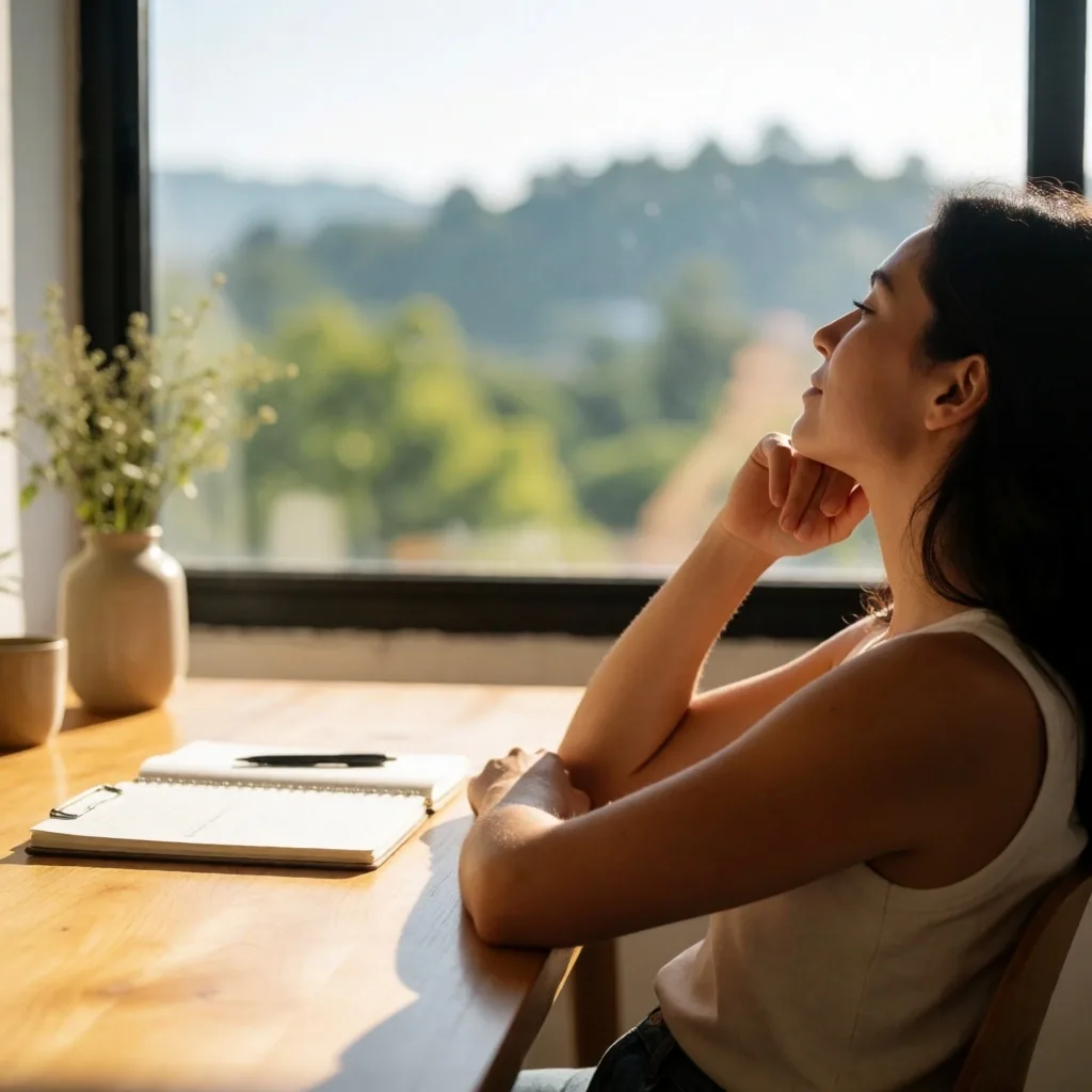 Persona en un escritorio junto a una ventana mirando a lo lejos