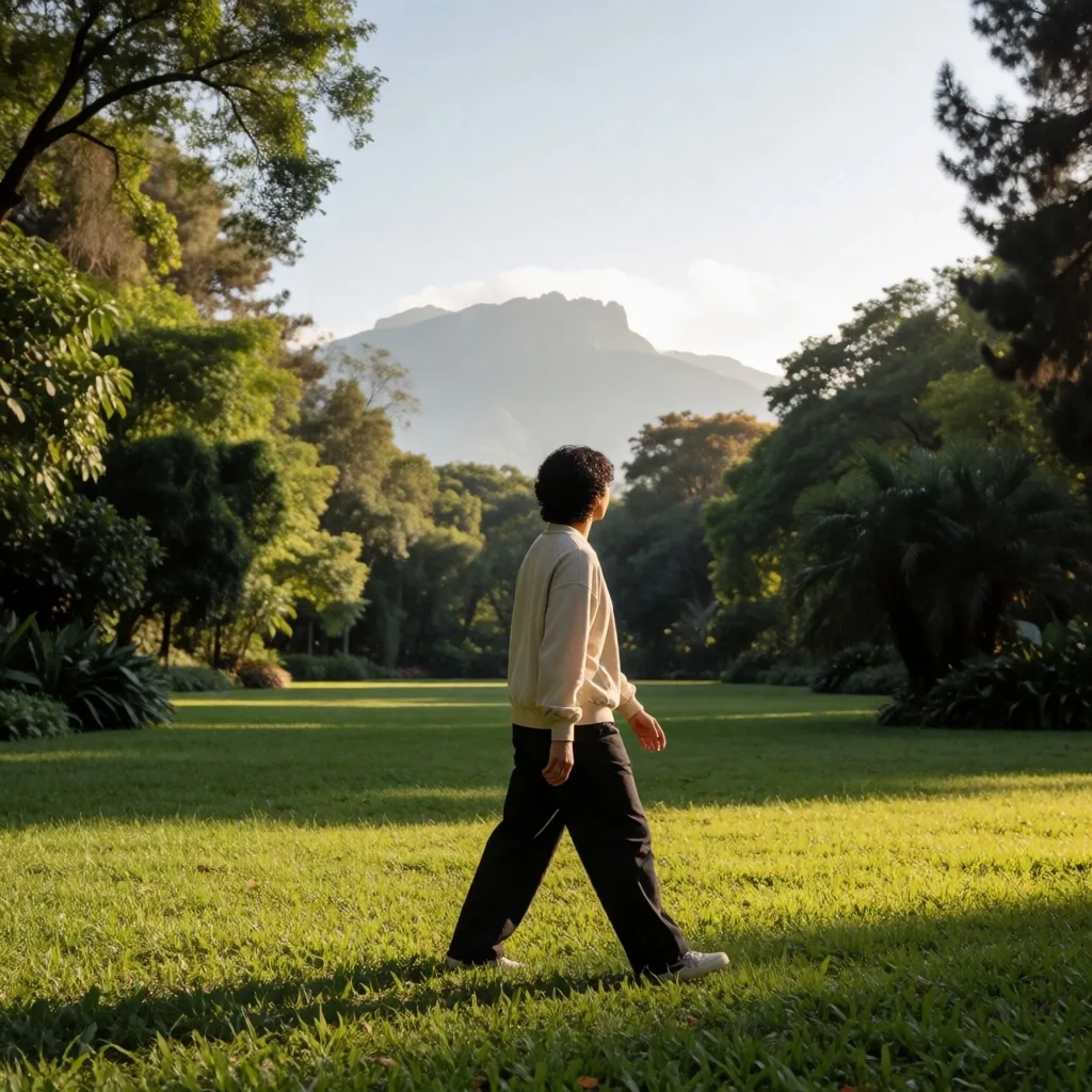 Persona caminando por un parque bajo luz natural, mirando hacia los árboles