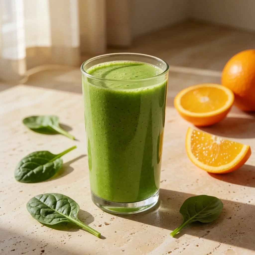 Licuado verde de espinaca, plátano y naranja sobre mostrador de piedra