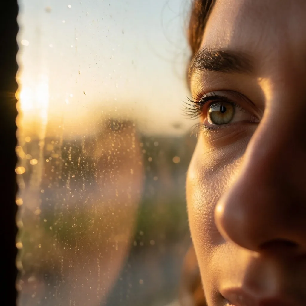 Primer plano de un ojo saludable iluminado con luz natural cálida