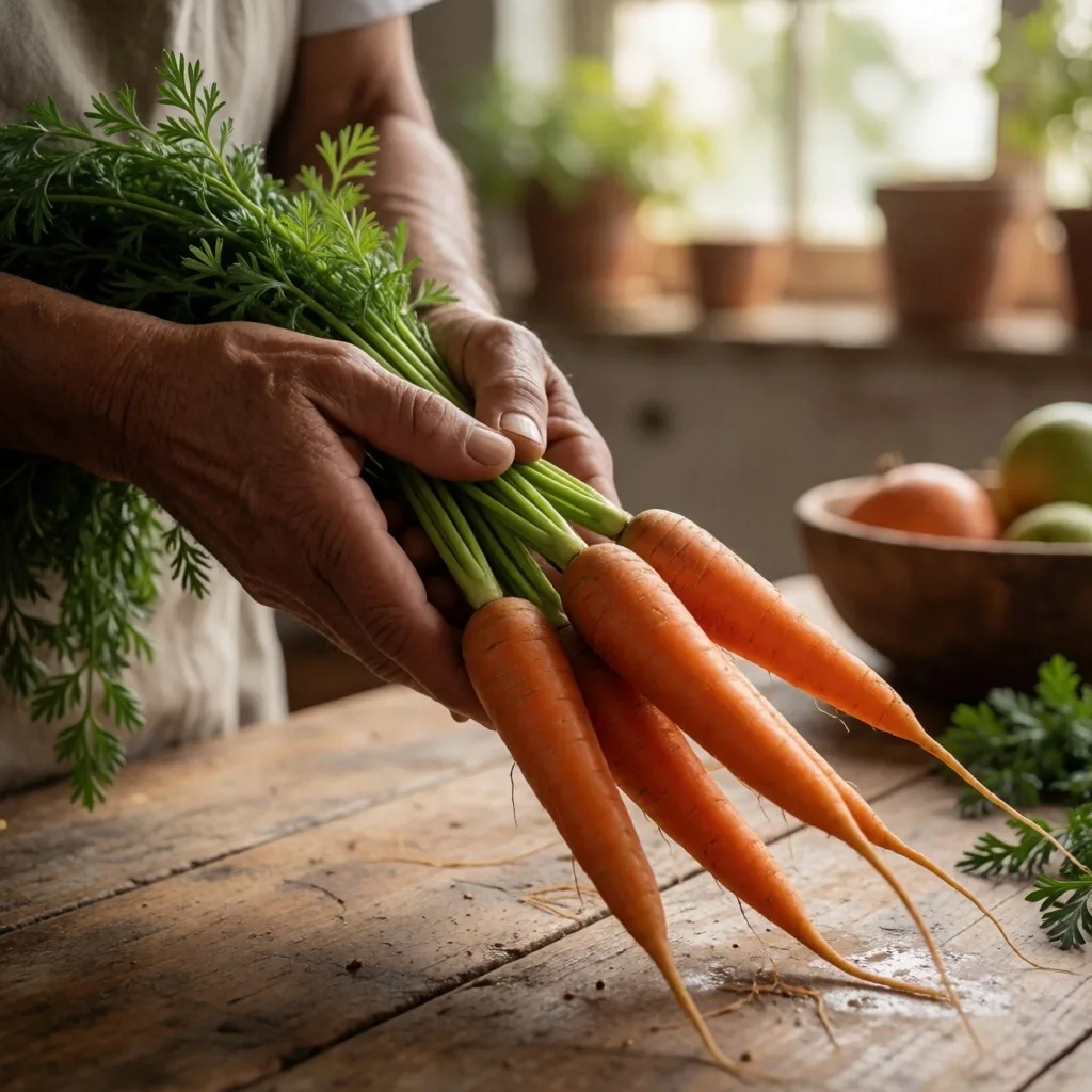 Manos sosteniendo zanahorias frescas sobre mesa de madera