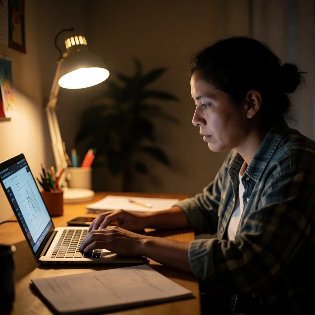 Persona trabajando frente a una laptop por la noche